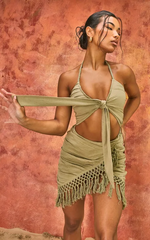 Khaki Tie Bust Ring Detail Tassel Trim Linen Bodycon Dress made by Pretty Little Thing