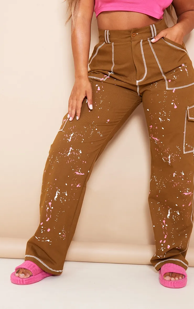 Shape Khaki Contrast Stitch Paint Splatter Cargo Trousers sold by Pretty Little Thing product image thumbnail 2