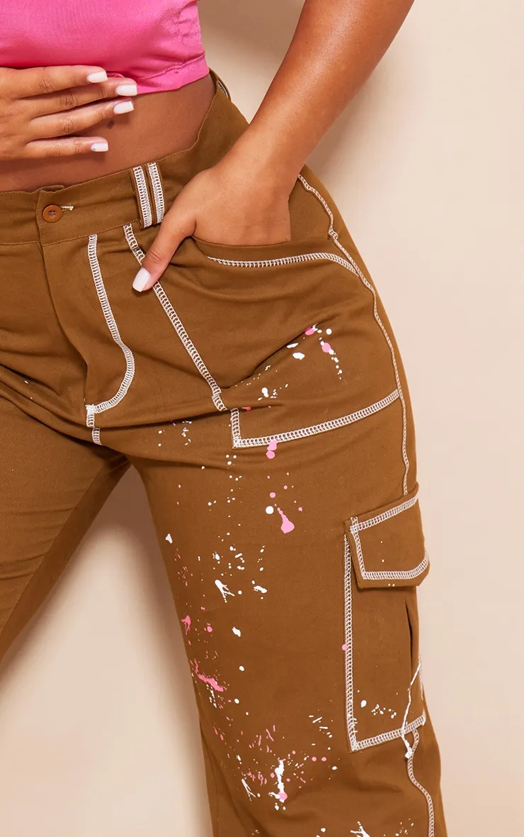 Shape Khaki Contrast Stitch Paint Splatter Cargo Trousers sold by Pretty Little Thing product image thumbnail 4