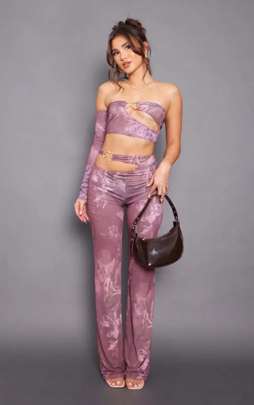 Chocolate Floral Slinky Cut Out Wide Leg Trousers sold by Pretty Little Thing