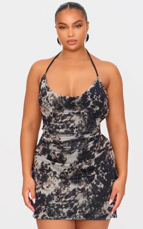 Plus Grey Printed Slinky Cowl Neck Mini Dress sold by Pretty Little Thing