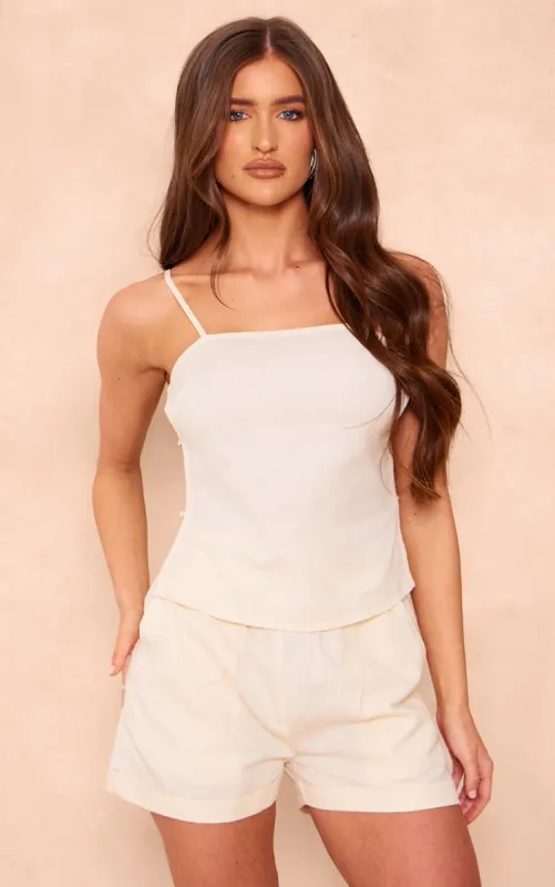 Stone Linen Look High Waisted Turn Up Hem Shorts sold by Pretty Little Thing