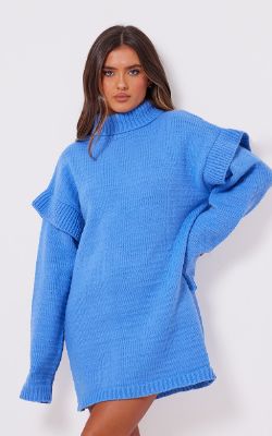 Powder Blue Sleeve Frill Roll Neck Knitted Jumper Dress made by Pretty Little Thing