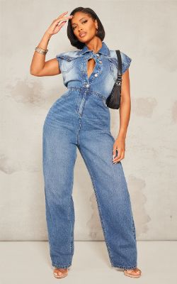 Shape Light Blue Sleeveless Rigid Denim Jumpsuit sold by Pretty Little Thing