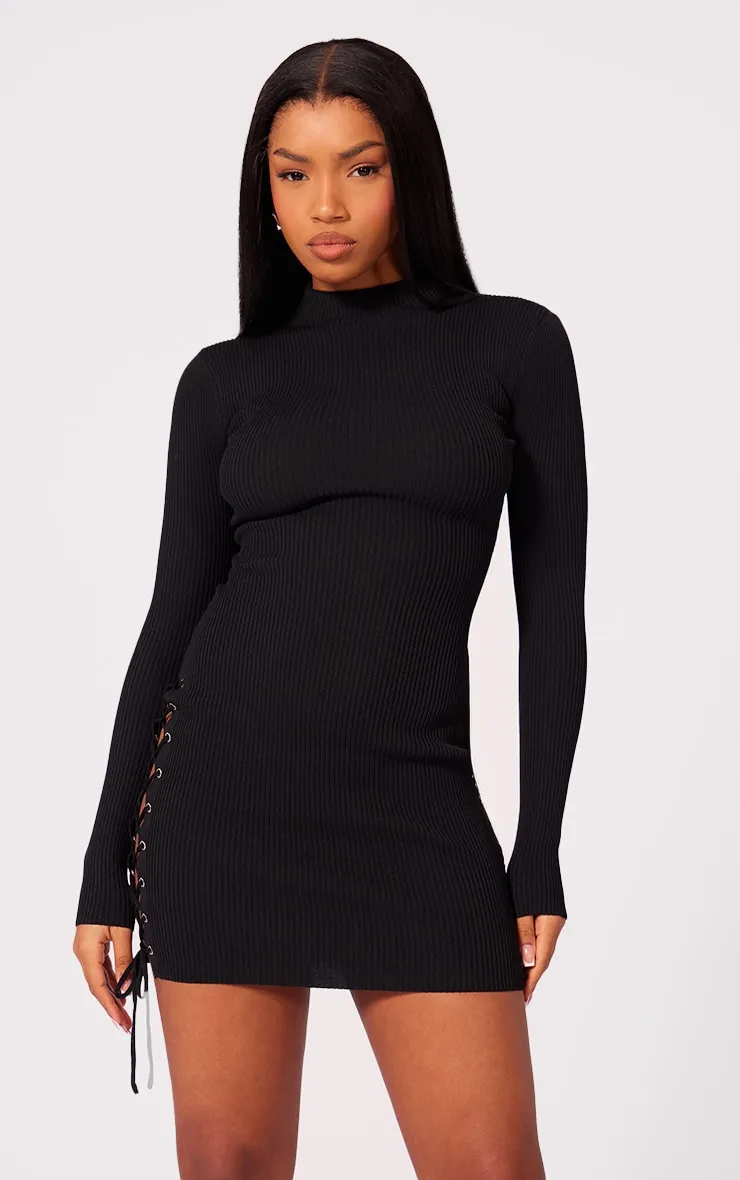 Black Eyelet Lace Up Side Ring Knit Dress sold by Pretty Little Thing