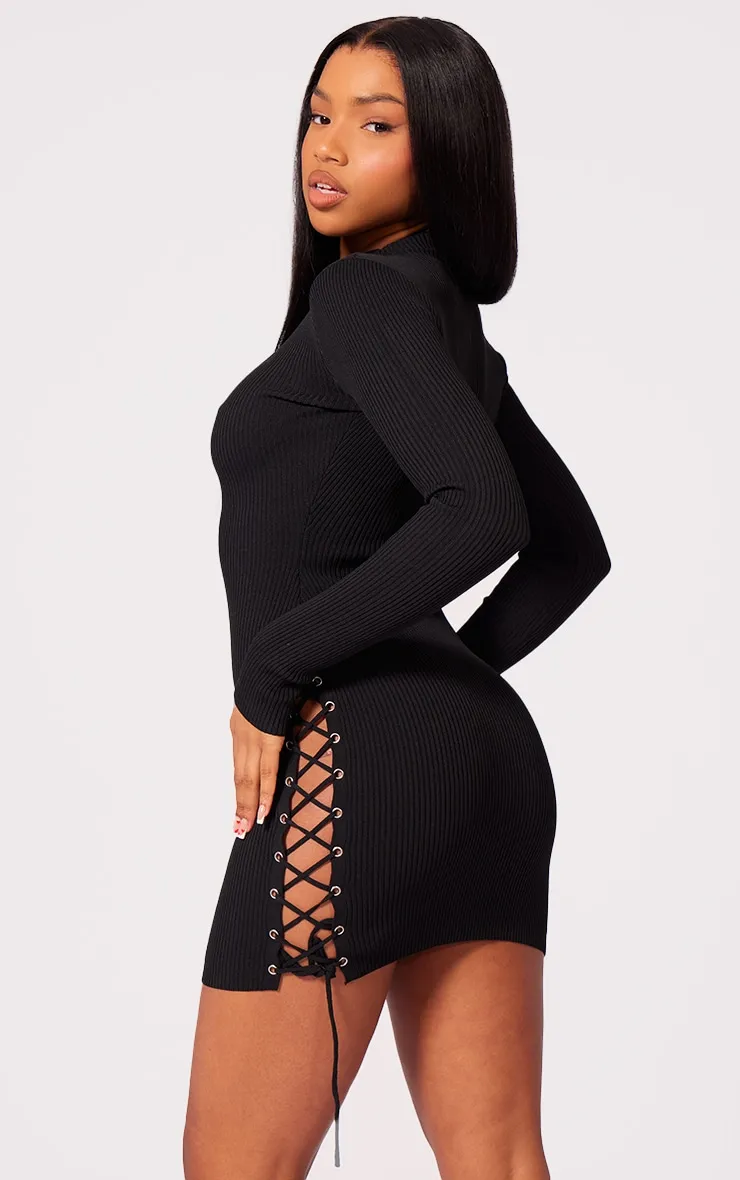 Black Eyelet Lace Up Side Ring Knit Dress sold by Pretty Little Thing product image thumbnail 2