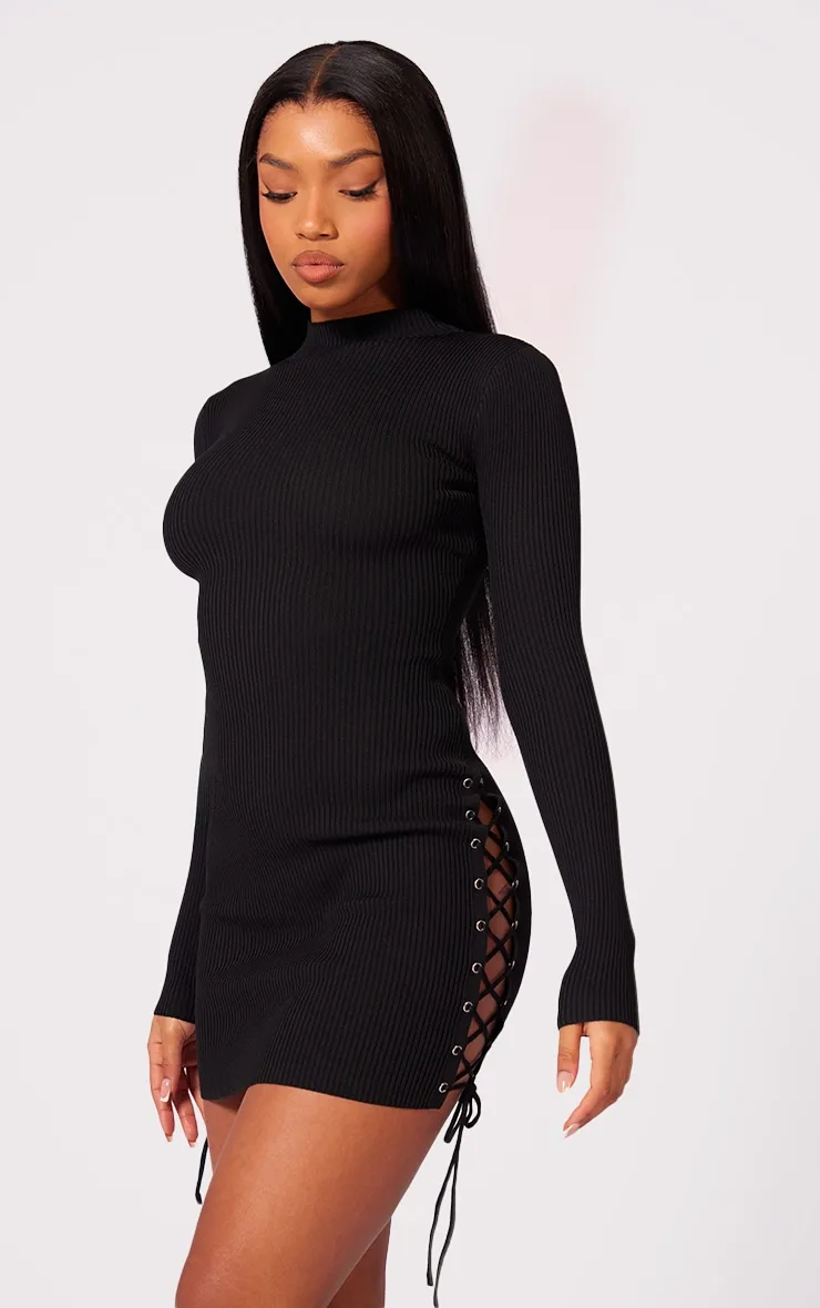 Black Eyelet Lace Up Side Ring Knit Dress sold by Pretty Little Thing product image thumbnail 3