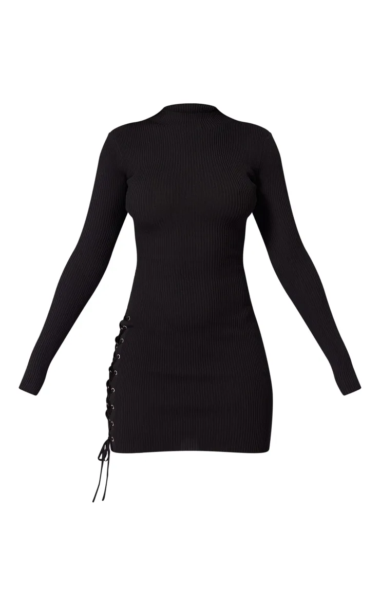 Black Eyelet Lace Up Side Ring Knit Dress sold by Pretty Little Thing product image thumbnail 5