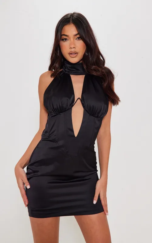 Black Satin High Neck Underwired Corset Bodycon Dress sold by Pretty Little Thing