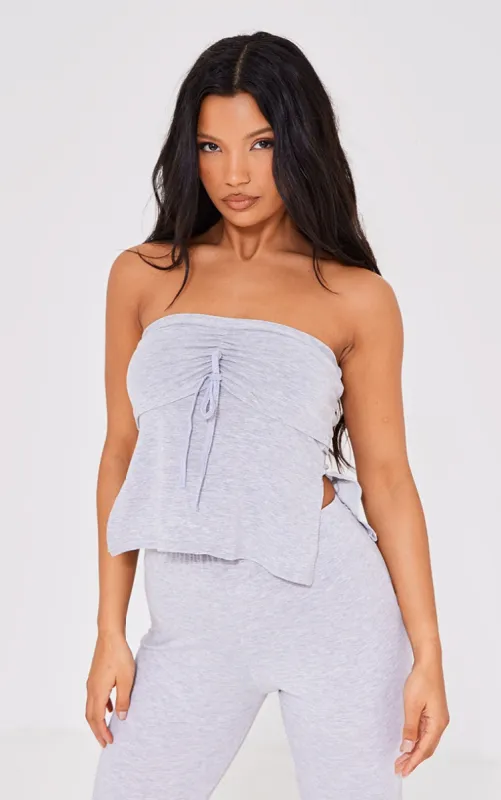 Grey Marl Jersey Ruched Front Bandeau Top sold by Pretty Little Thing