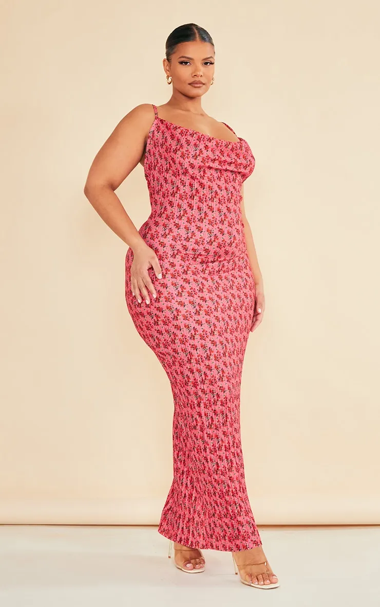Plus Rose Floral Printed Plisse Cowl Neck Maxi Dress sold by Pretty Little Thing product image thumbnail 3