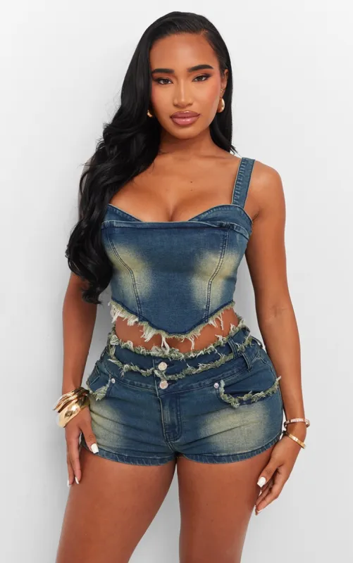 Shape Dark Blue Stretch Denim Fray Detail Corset sold by Pretty Little Thing