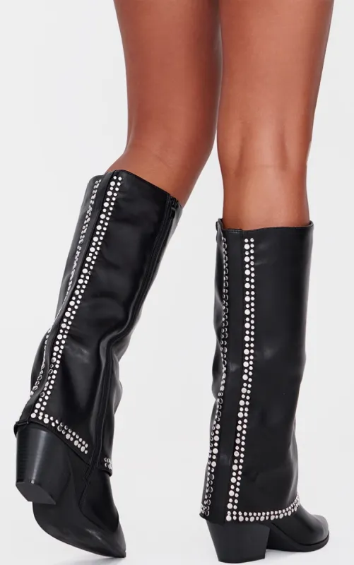 Black PU Point Toe Studded Fold Over Low Block Heeled Boots sold by Pretty Little Thing