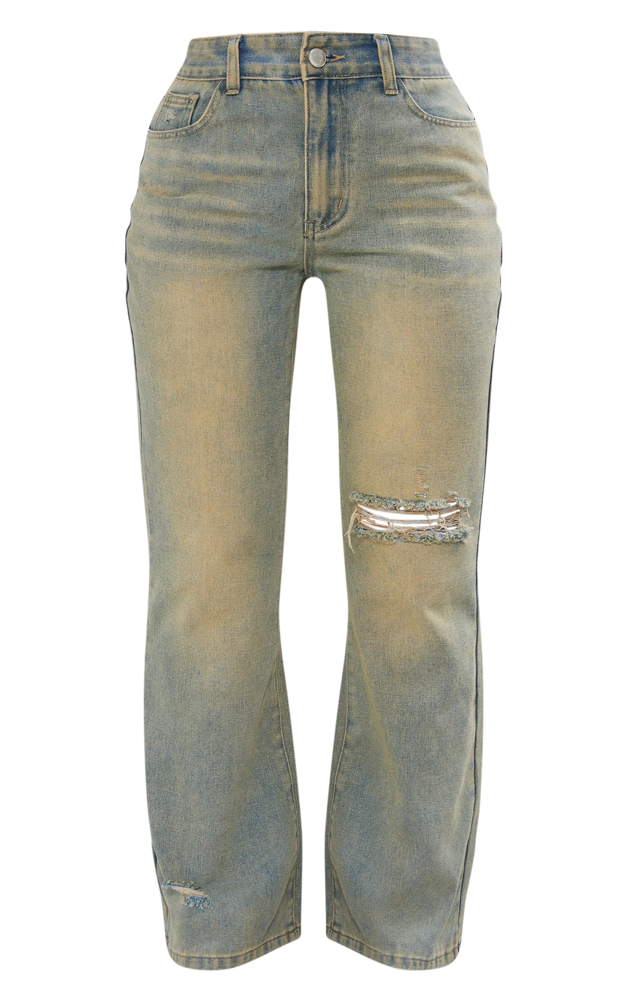 Petite Vintage Mid Wash Distressed Rip Straight Leg Jeans sold by Pretty Little Thing product image thumbnail 5