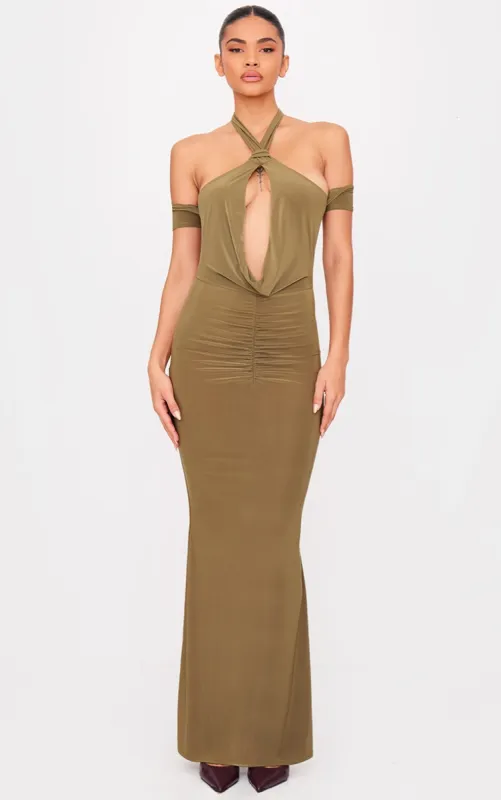 Olive Double Layer Slinky Cowl Neck Sleeve Detail Maxi Dress made by Pretty Little Thing