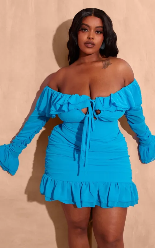 Plus Bright Blue Bardot Ruffle Detail Shift Dress sold by Pretty Little Thing
