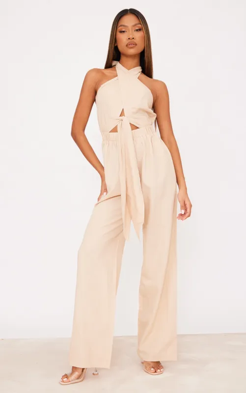 Stone Linen Cross Halter Detail Cut Out Jumpsuit sold by Pretty Little Thing