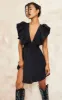 Black Woven Ruffle Sleeve Plunge Pleated Belt Shift Dress sold by Pretty Little Thing
