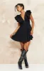Black Woven Ruffle Sleeve Plunge Pleated Belt Shift Dress sold by Pretty Little Thing