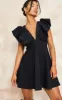 Black Woven Ruffle Sleeve Plunge Pleated Belt Shift Dress sold by Pretty Little Thing
