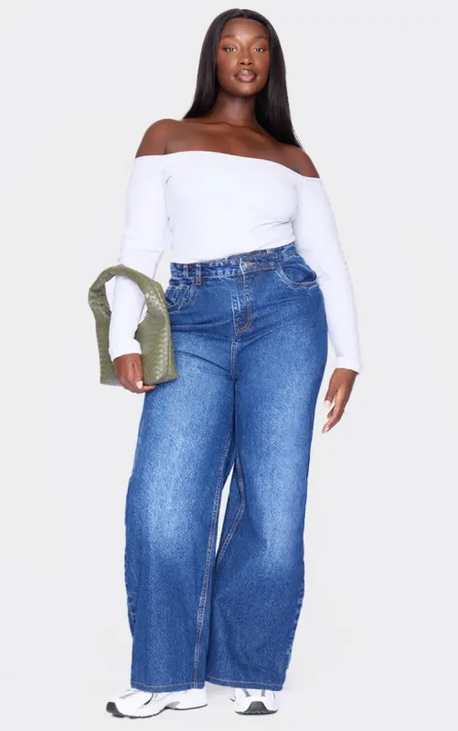 Plus White Brushed Rib Bardot Long Sleeve Bodysuit sold by Pretty Little Thing