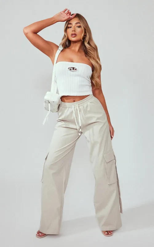 Stone Elasticated Waist Wide Leg Cargo Trousers sold by Pretty Little Thing