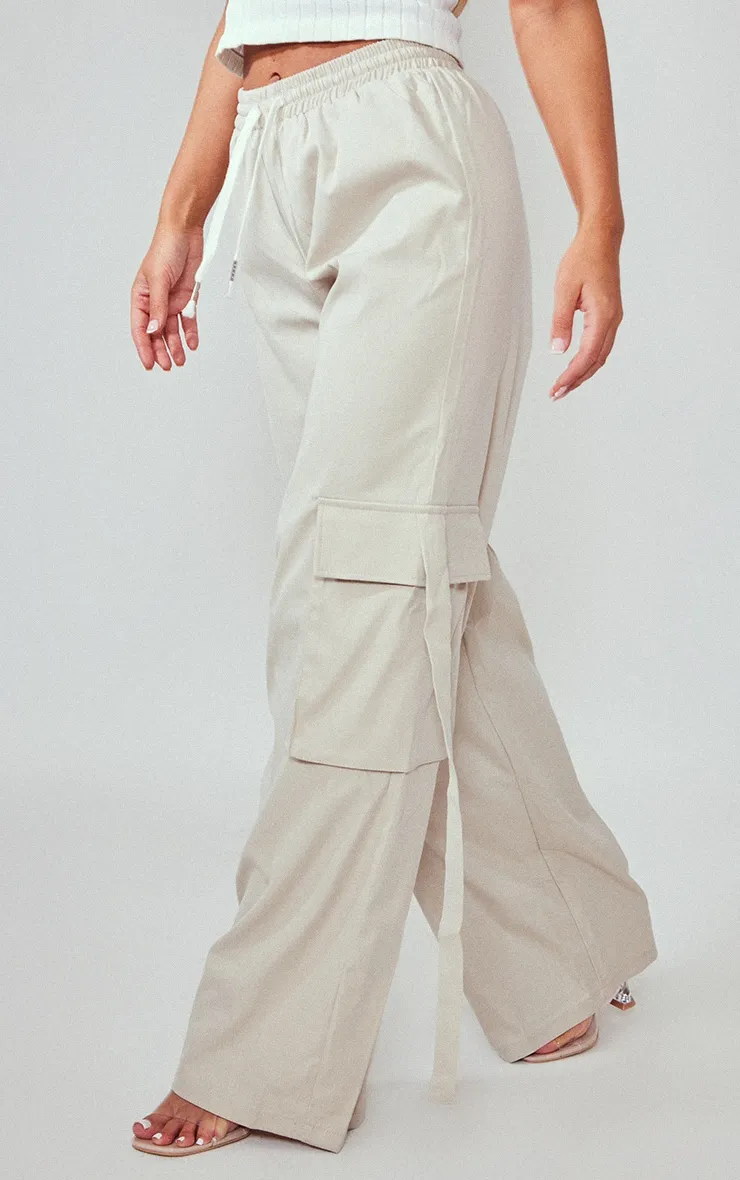 Stone Elasticated Waist Wide Leg Cargo Trousers sold by Pretty Little Thing product image thumbnail 2
