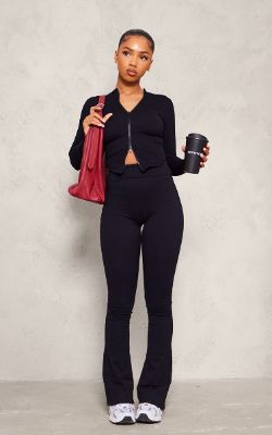Black Snatched Rib Double Zip Top