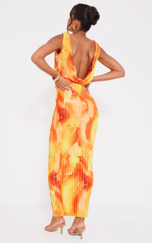 Orange Floral Print Plisse Cut Out Halterneck Maxi Dress sold by Pretty Little Thing