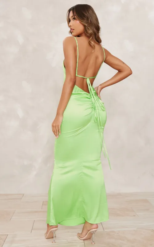 Bright Green Satin Backless Ruched Maxi Dress sold by Pretty Little Thing