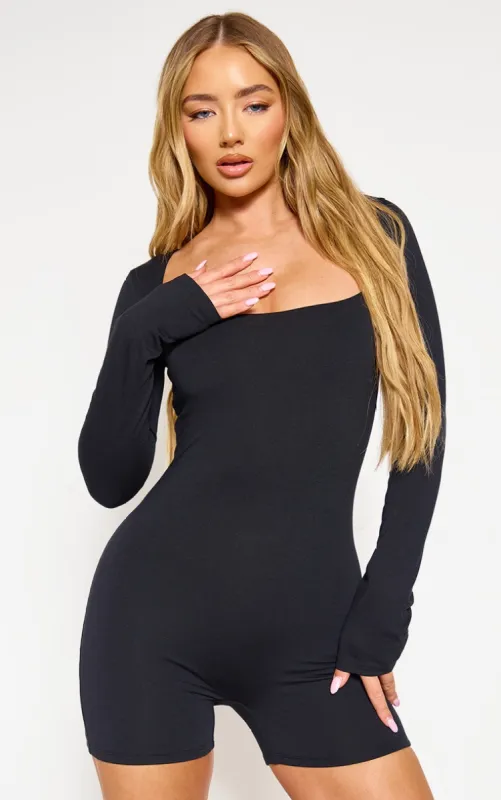 Black Double Layer Contour Jersey Square Neck Long Sleeve Unitard sold by Pretty Little Thing