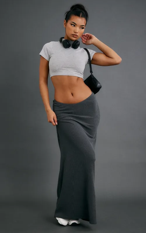 Charcoal Grey Crinkle Rib Curved Waist Maxi Skirt sold by Pretty Little Thing