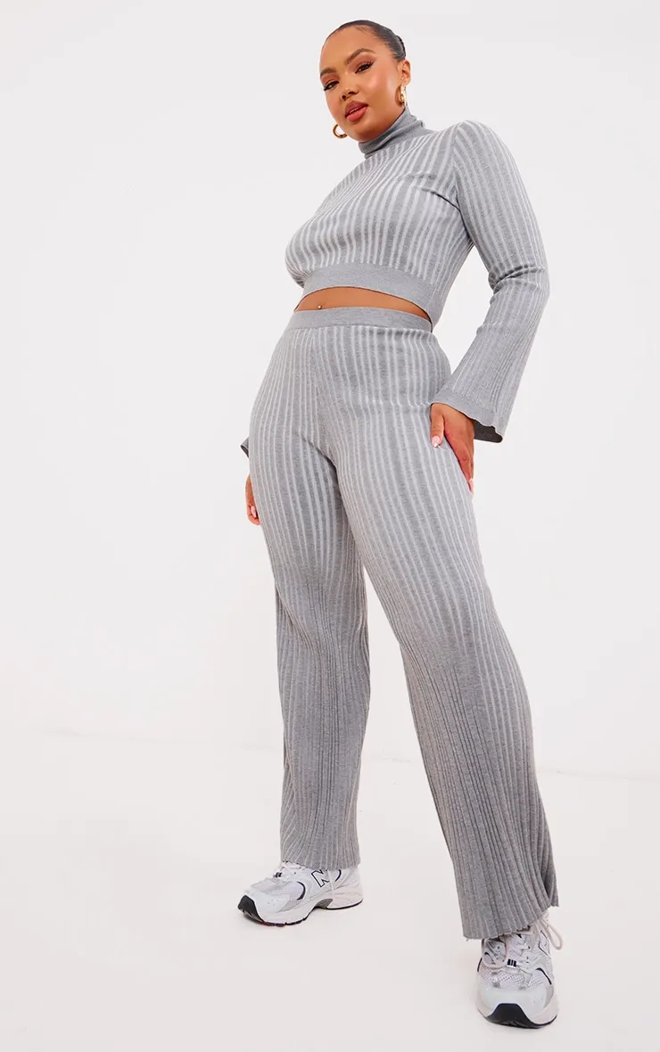 Plus Grey Rib Knitted Wide Leg Trousers sold by Pretty Little Thing