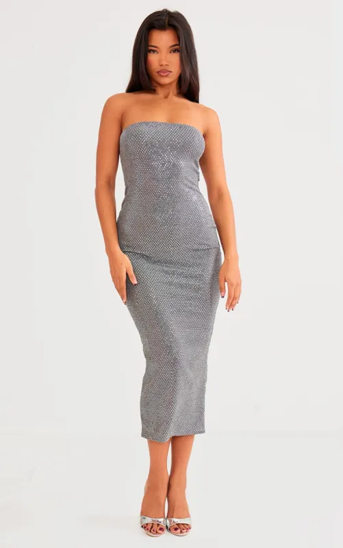 Grey Textured Glitter Bandeau Midaxi Dress sold by Pretty Little Thing