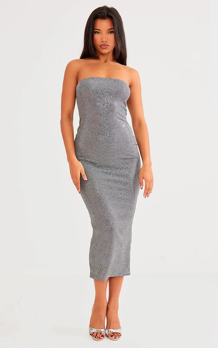Grey Textured Glitter Bandeau Midaxi Dress sold by Pretty Little Thing