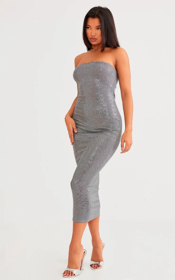 Grey Textured Glitter Bandeau Midaxi Dress sold by Pretty Little Thing product image thumbnail 3