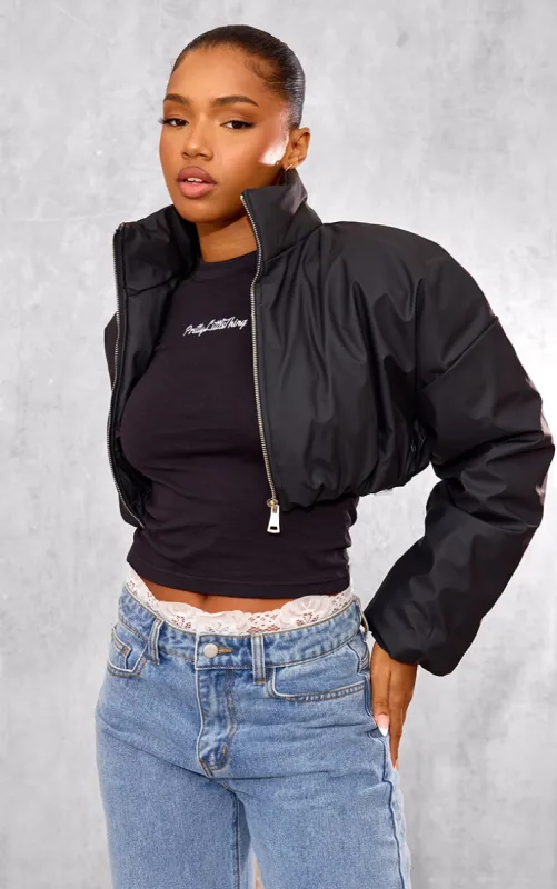  Black Wax Look Zip Up Cropped Puffer Coat made by Pretty Little Thing