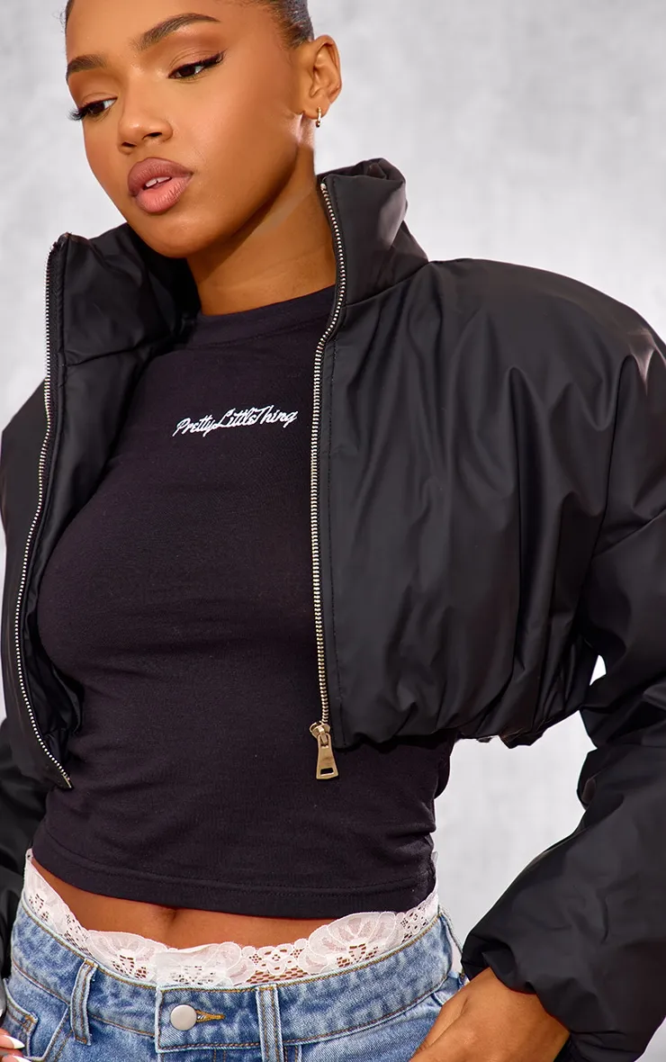 Black Wax Look Zip Up Cropped Puffer Coat sold by Pretty Little Thing product image thumbnail 4