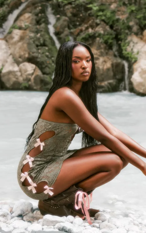Khaki Lace Bow Detail Cut Out Bandeau Bodycon Dress sold by Pretty Little Thing