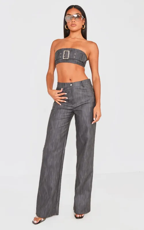 Black Washed Faux Leather Belted Straight Leg Trousers sold by Pretty Little Thing