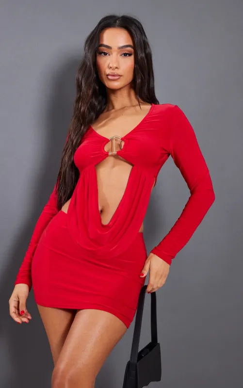 Petite Red Slinky Trim Detail Drape Long Sleeve Crop Top sold by Pretty Little Thing