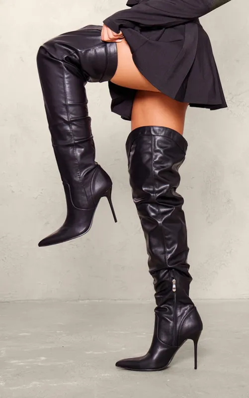 Black PU Point Toe Western Style High Heeled Over The Knee Boots sold by Pretty Little Thing