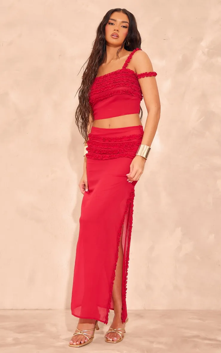 Red Chiffon Ruffle Detailing Slit Open Maxi Skirt sold by Pretty Little Thing