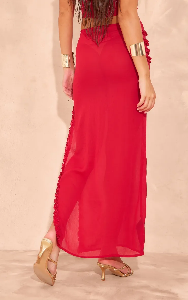 Red Chiffon Ruffle Detailing Slit Open Maxi Skirt sold by Pretty Little Thing product image thumbnail 3
