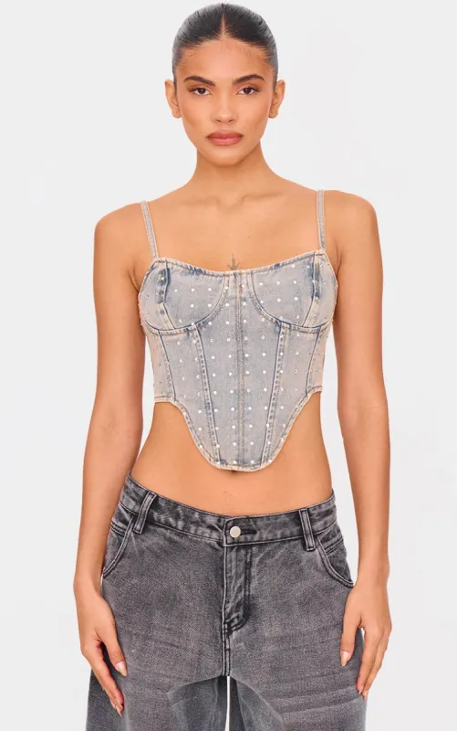 Pink Tint Vintage Wash Diamante Detail Curved Hem Denim Corset Top sold by Pretty Little Thing