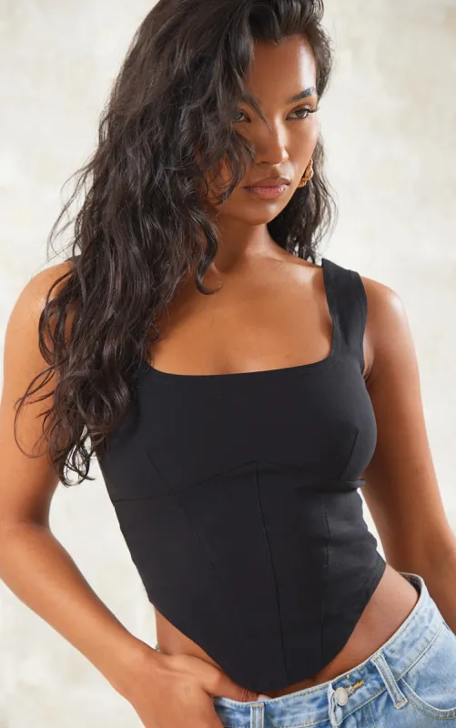 Black Stretch Woven Square Neck Corset Top sold by Pretty Little Thing