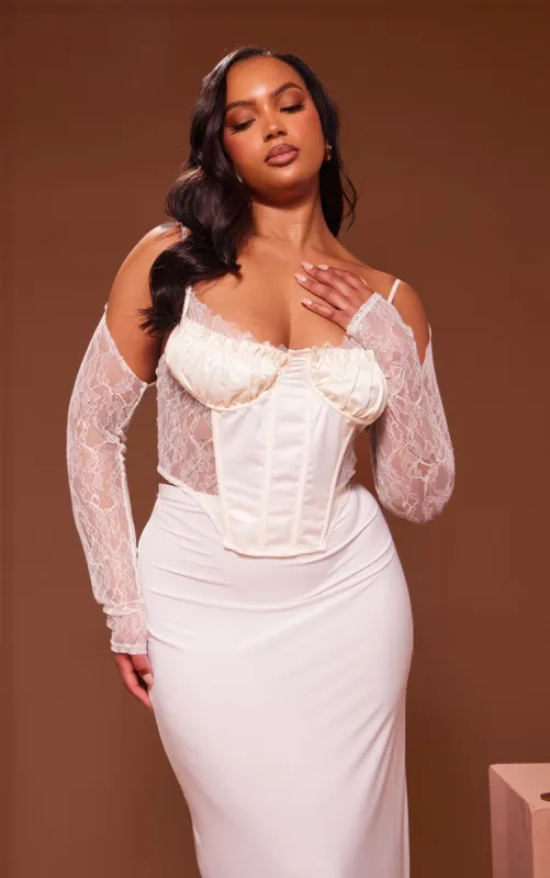 Plus Cream Lace Satin Insert Sleeve Detail Corset sold by Pretty Little Thing