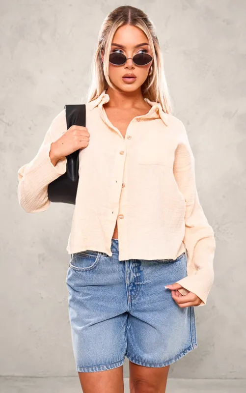 Taupe Cheesecloth Oversized Pocket Detail Long Sleeve Shirt made by Pretty Little Thing