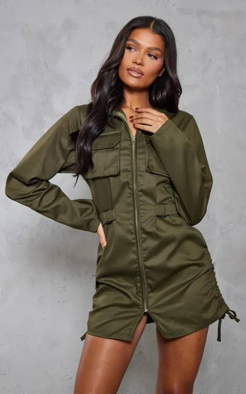 Khaki Cargo Ruched Pocket Detail Zip Through Bodycon Dress made by Pretty Little Thing