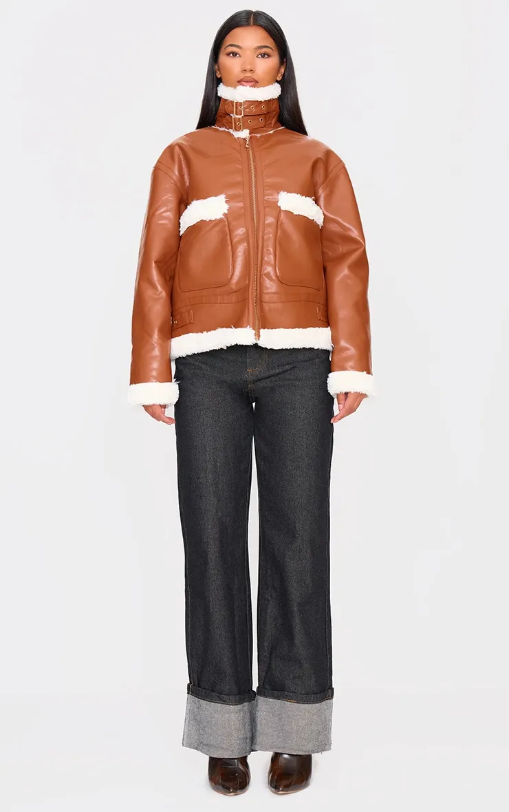 Camel Faux Fur Trim Faux Leather Aviator Jacket sold by Pretty Little Thing